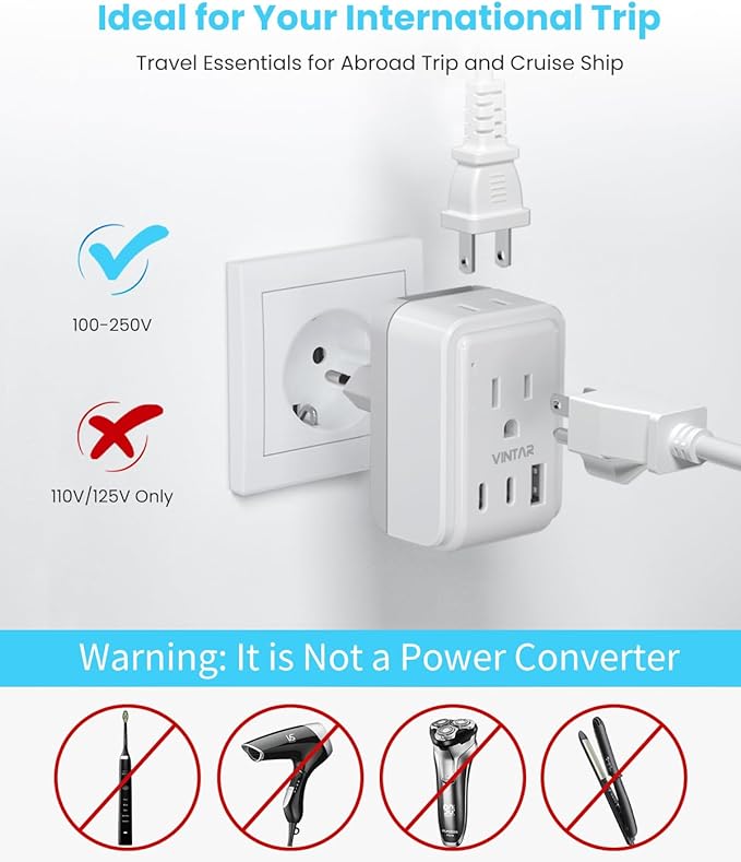 VINTAR Universal Travel Adapter Kit, International Power Adapter with 3 USB Ports (2 USB C, 3.4A) and 2 AC, Type A,C,D,E/F,G,H,I,L,M Detachable Attachments, Adapter for India/Africa/EU/UK//AU/JP/US