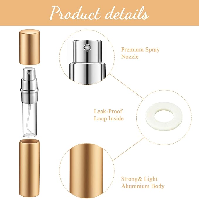 Motiskyy Perfume Travel Refillable Atomizers Bulk Mini Atomizer Sprayer with Perfume Refill Pump Dispenser Pump Transfer Tool (70 Pcs,Gold,5 ml)