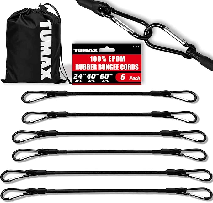 Bungee Cords with Carabiner Hooks, 6 Pack Heavy Duty Long Carabiner Rubber Bungee Cord Assorted Size 24" 40" 60", for Camping, Tarps, Bike Rack, Car, Included A Drawstring Bag