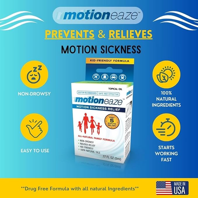 MotionEaze Non-Drowsy Motion Sickness Relief - All Natural Drug Free Formula - Made in The USA - 5ml Bottle - Fast Relief for Motion Sickness from Cruises, Cars, Planes