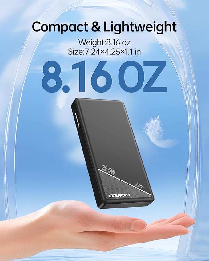 GENSROCK 5V 2A/3A Portable Charger Power Bank 10000mAh, PD 22.5W Fast Charging Power Bank,LED Display Battery Pack for iPhone17/16/15/14/13 Series, Samsung, Google, Pixel, LG, iPad