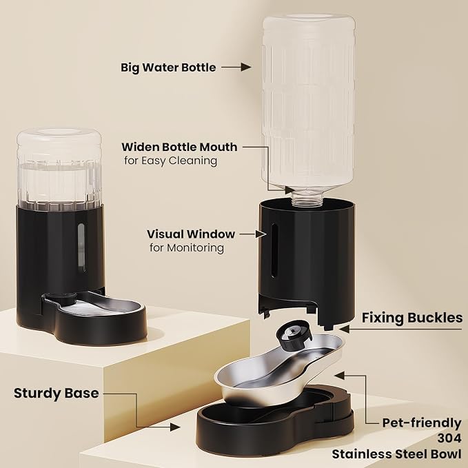 CZPET Dog Water Bowl Dispenser 8L, Wider Mouth & Upgraded Brush for Easy Cleaning Automatic Cat Gravity Refilling Waterer with Removable Stainless Steel Bowl, Large Drinking Area for Multi-Pet (Black)