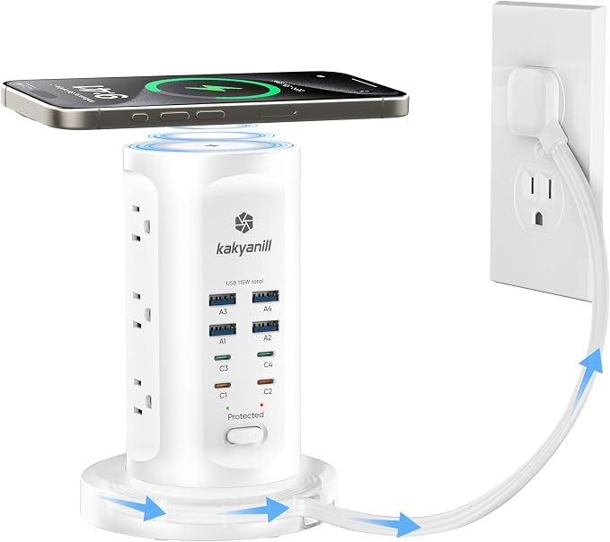 Kakyanill 115W USB Charging Station, Power Strip Tower, 9 AC Outlets with 8 USB Ports(4 USB-C), 6Ft Flat Plug Retractable Extension Cord, for Home Office Dorm, White