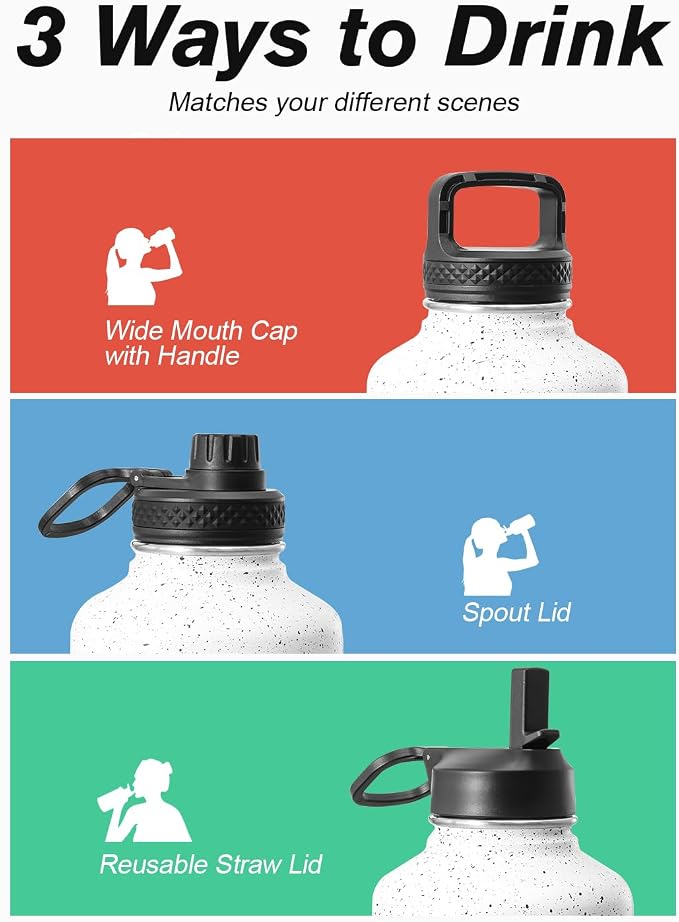Half Gallon Water Bottle Insulated with Straw&3 Lids, Coolflask 64 oz Water Jug Galaxy Large Metal Stainless Steel flask for Gym, Sports and Office, Keep Cold 48H Hot 24H, Arctic White