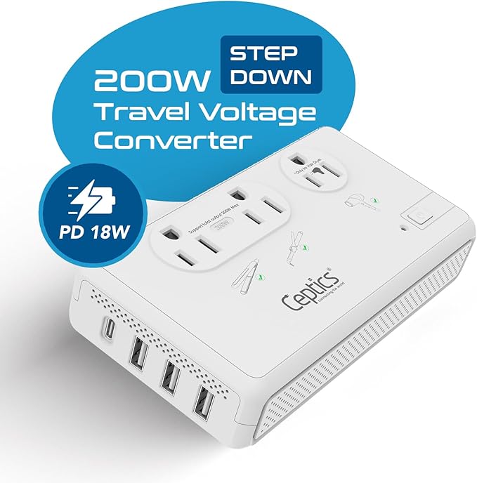 Ceptics 2000W Voltage Converter for Travel, 220V to 110V Converter w/Type C, E/F, G, I Plugs, 2000W Hair Dryer Outlet, 4 USB w/ 1 USB-C PD 18W Fast Charge