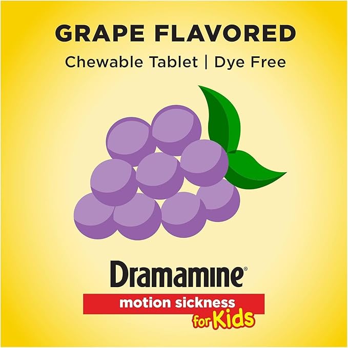 Dramamine Motion Sickness Relief for Kids, Children’s Chewable Tablets, Grape Flavor, Prevents Nausea Dizziness Vomiting, Travel Case Included, Fast Acting, 8 Count (Pack of 2)