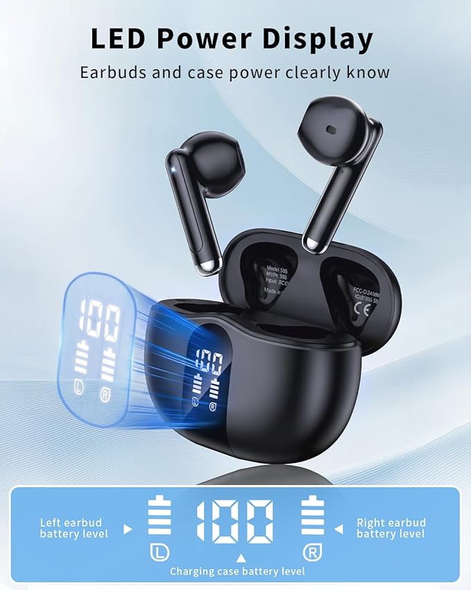 Wireless Earbuds, 2026 Bluetooth 5.4 Headphones Bass Stereo Ear Buds with Noise Cancelling Mic, LED Display in Ear Earphones 50H Playtime Ear Buds, IP7 Waterproof for Laptop Pad Phones, Pure Black