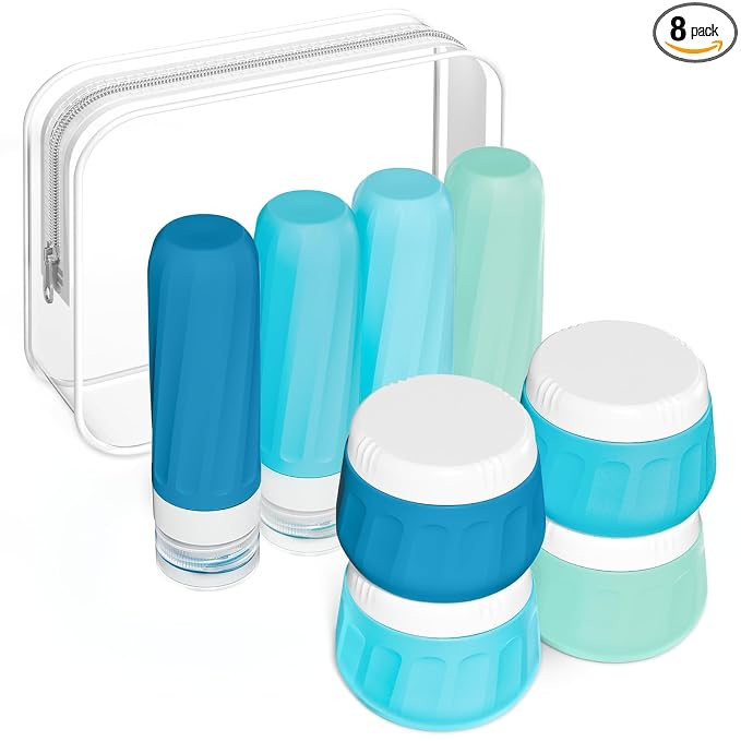 Mrsdry Travel Size Toiletries 8 Pack, TSA Approved 3oz Silicone Squeeze Bottles & Cream Jars with Clear Travel Bag