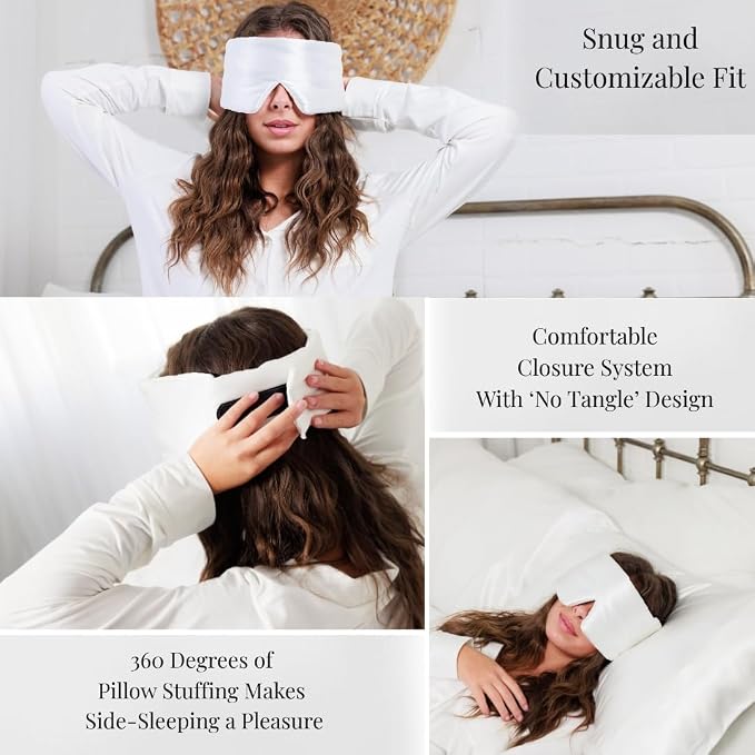 QUIET COVE Plush Luxury Silk Sleep Mask - Sleep Comfortably on Your Side - 22 Momme Mulberry Silk, Total Blackout, Luxe Cloud Filling Soothes Your Eyelids - Luxury Gift (Pearl White)