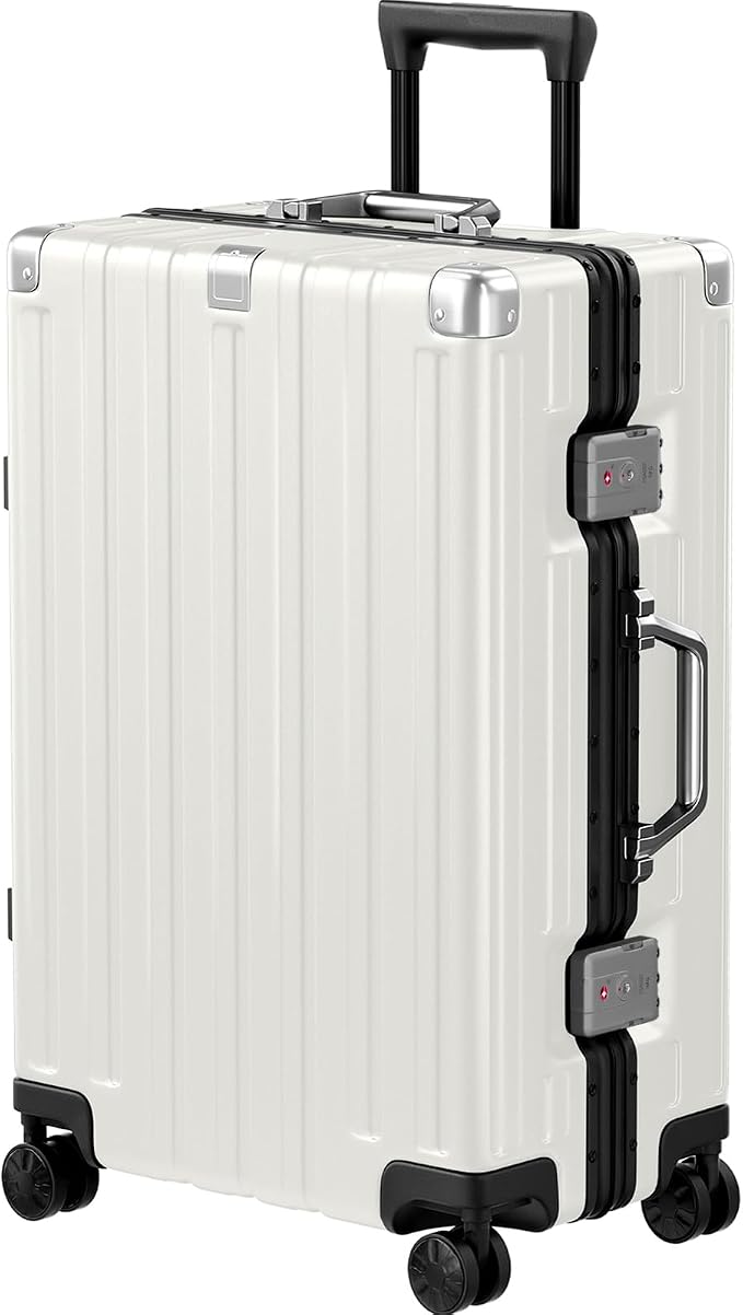 Krute Zipperless Luggage 24 Inch Aluminum Frame Suitcase with Spinner Wheels PC+ABS Hardide Checked Luggage TSA Approved No Zipper Travel Suitcase White