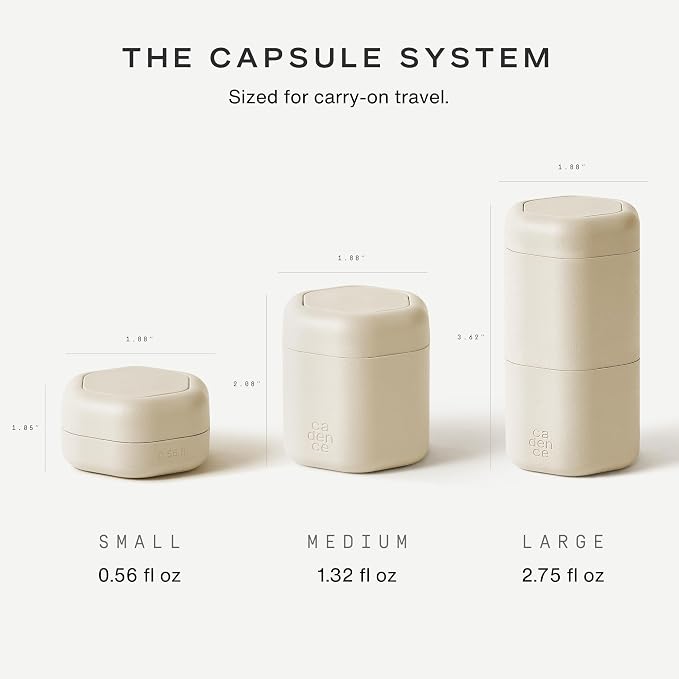 Cadence Travel Containers Haircare Capsule Set - Magnetic Containers with Lids,Carry On Travel Essentials For Women/Men - 3 Flex Mediums (1.32oz) - Shampoo, Conditioner & Comb Icon Labels - Sand