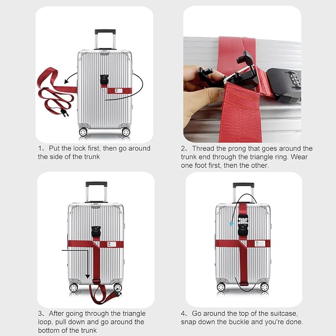 Veki Cross Luggage Straps Set TSA Approved with Lock Adjustable Travel Suitcase Belts Suitcase Tags with Name ID Card Packing Straps for Suitcases Strap Travel Accessories (Red 1pcs)