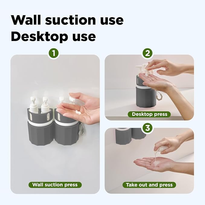 YOTIME 4 in 1 Travel Dispenser Bottle, Vacuum Silicone Suction Cup for Smooth Walls, TSA Approved Leak Proof Travel Size Containers for Hotel, Swimming, Gym, Camping, Gray