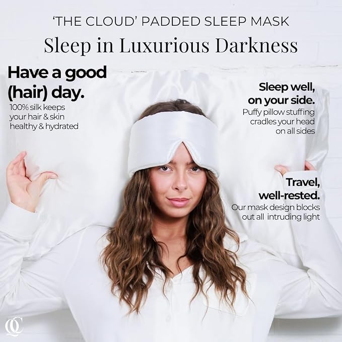 QUIET COVE Plush Luxury Silk Sleep Mask - Sleep Comfortably on Your Side - 22 Momme Mulberry Silk, Total Blackout, Luxe Cloud Filling Soothes Your Eyelids - Luxury Gift (Pearl White)