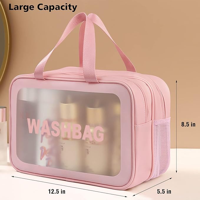 DAPOWER Travel Toiletry Bag for Women, Matte Translucent Toiletry Bag with Handy Handle, Makeup Cosmetic Organizer Bag for Travel Toiletries Accessories (Pink-XL)