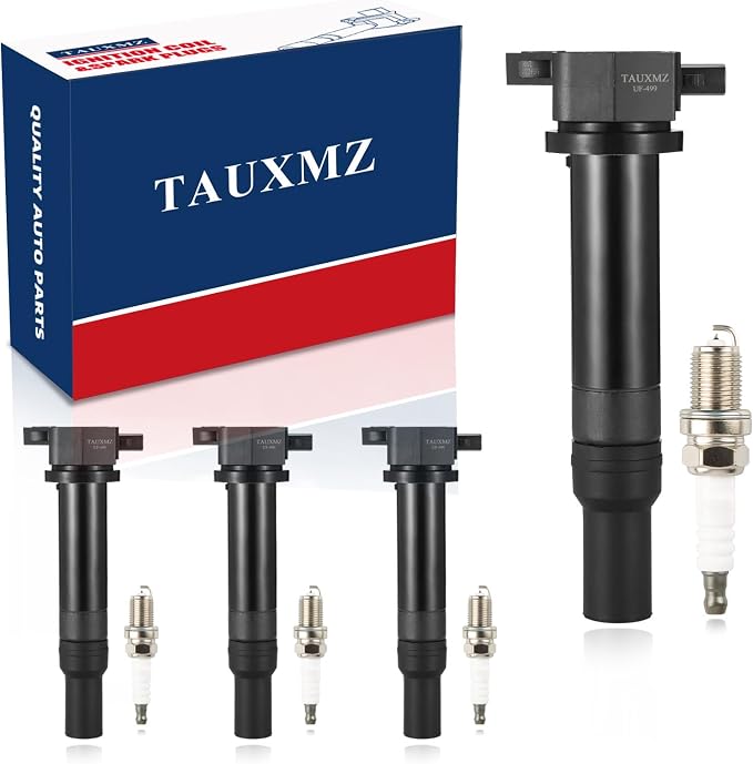 Ignition Coil Pack UF499 and Spark Plugs 7090 Replacement for Dodge Attitude Hyundai Accent Kia Rio Rio5 1.4L 1.6L 2006-2011(Set of 4) OE# C1543 BKR5EGP