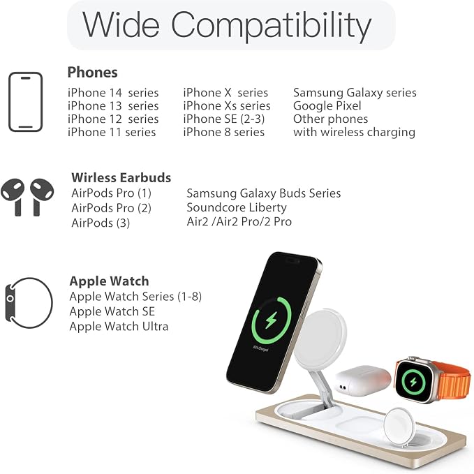 PETINO 3 in 1 Wireless Charging Station for Apple Devices with MagSafe | For iPhone 17/Air/16/15/14/13/12, AirPods & Apple Watch, Foldable Portable Aluminum Charging Stand, Adapter Included