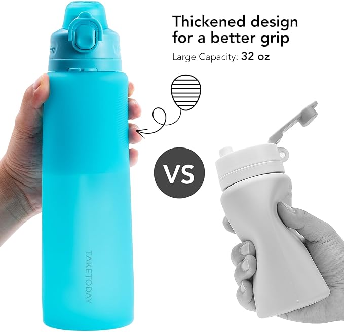 TakeToday Collapsible Water Bottles 20oz and 32oz, Leak Proof, BPA-Free, Foldable Silicone Travel Water Bottle with Straw Strap for Cycling, Hiking, Outdoors