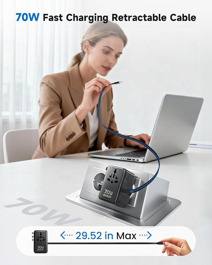 DOACE 70W Universal Travel Adapter, 6-in-1 International Power Adapter with Built-in USB-C Cable, PD Fast Charging Worldwide Wall Charger for EU/UK/US/AU