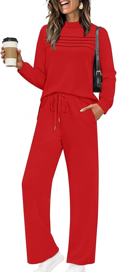 WIHOLL Two Piece Sets for Women Spring Travel Vacation Outfits 2026 Long Sleeve Lounge Sets Side Slit Wide Leg Pants S-3XL
