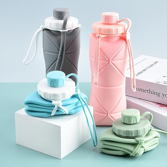Folding Silicone Water Bottle Sports Water Bottle Outdoor Travel Portable Water Cup Running Riding Camping Hiking Kettle - 600 Ml - (po1), Blue
