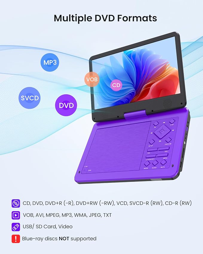 12.5-inch Portable DVD Player with 10.5-inch HD Screen, Portable Design for on-the-go Viewing.Supports 5 Hours of Battery Life.CD/DVD/SD Card/USB Compatible,Region Free (Purple)