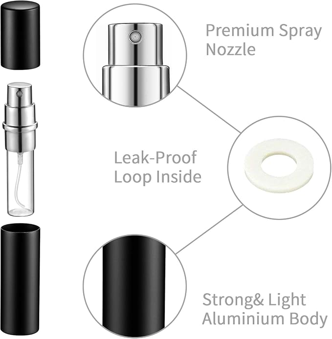Motiskyy 70 Pcs 10 ml Refillable Perfume Atomizers Bulk - Mini Travel Cologne Sprayers with Refill Pump & Transfer Tool for Perfume Makers & Small Studios(Black)