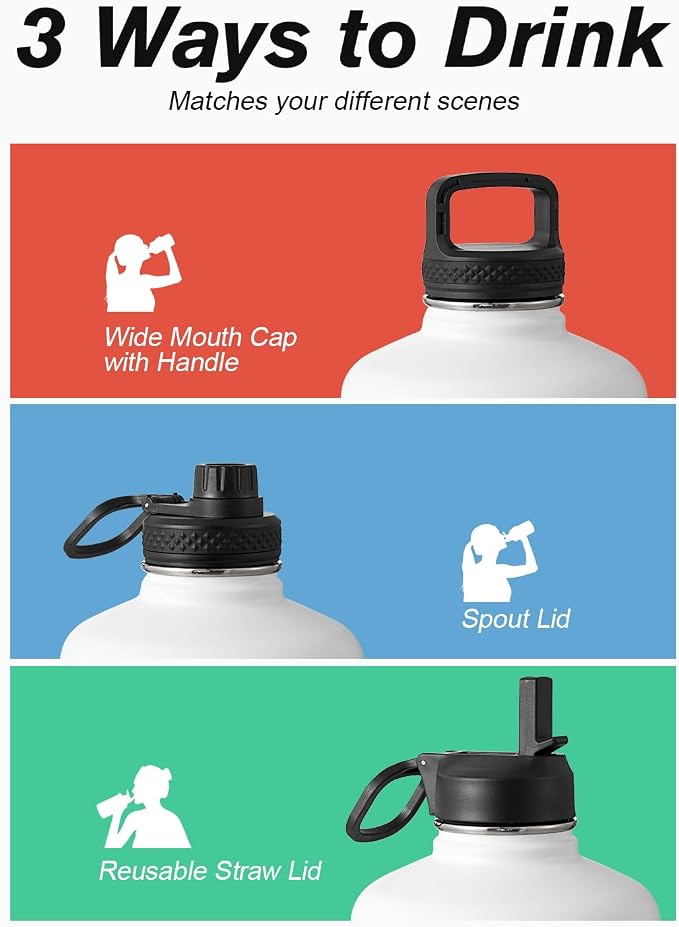 Coolflask 128 oz Gallon Water Bottle Insulated with Straw&3 Lids, Water Jug Large Stainless Steel Metal Vacuum Wide Mouth for Sports, Gym or Office, Non-BPA Keep Cold 48H Hot 24H, White & Black
