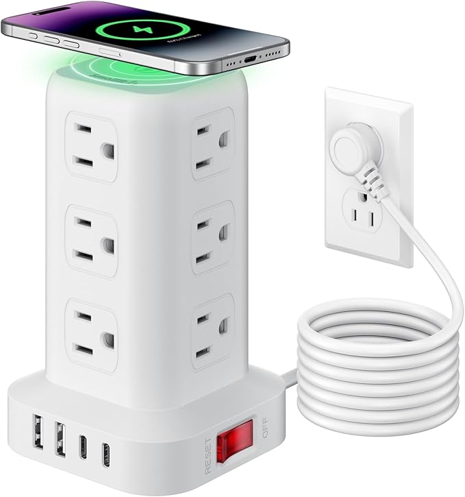 Extension Cord with Multiple Outlets, SMALLRT Surge Protector Power Strip Tower, Outlet Extender with 12 AC Outlets 4 USB, 6.5FT Extension Cord for Home Dorm Room, Office Supplies,Overload Protection