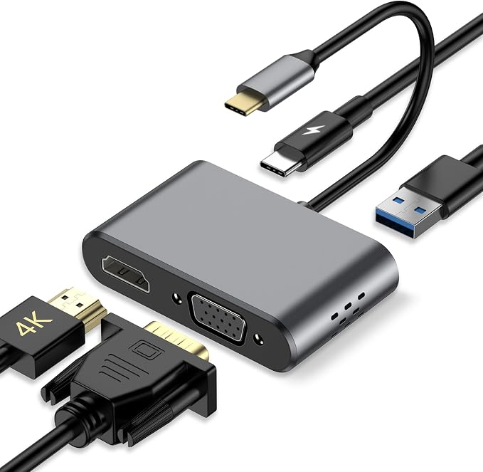 USB C Hub, 4 in 1 USB C Adapter with 4K HDMI, VGA, USB A 3.0, USB C 3.0, Compatible with MacBook, iPad, Laptops, Tablets, Smartphones and OTG Function Devices