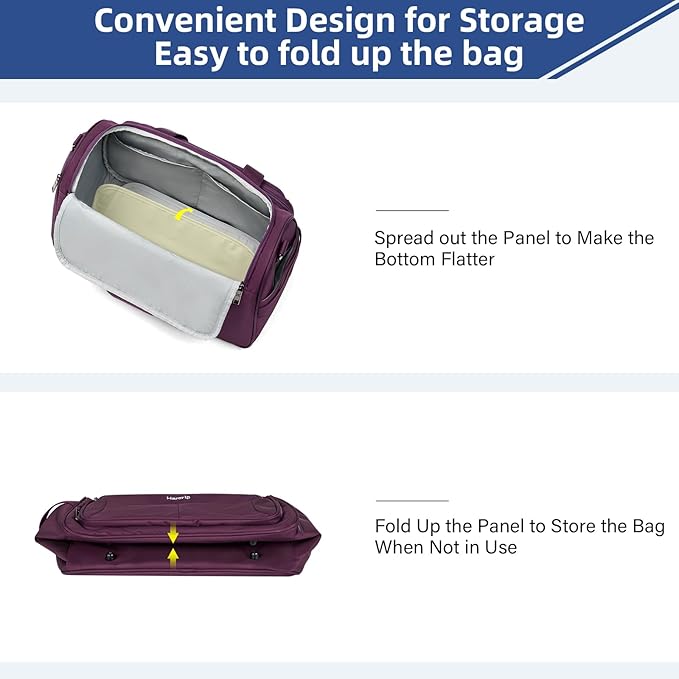 HanTrip Carry on Duffel Bag Foldable Duffle Bags for Travel, Under Seat Personal Item Bags for Airplanes, Weekender Overnight Mens Travel Tote Bag for Women Small Softside Carry on Luggage (Purple)