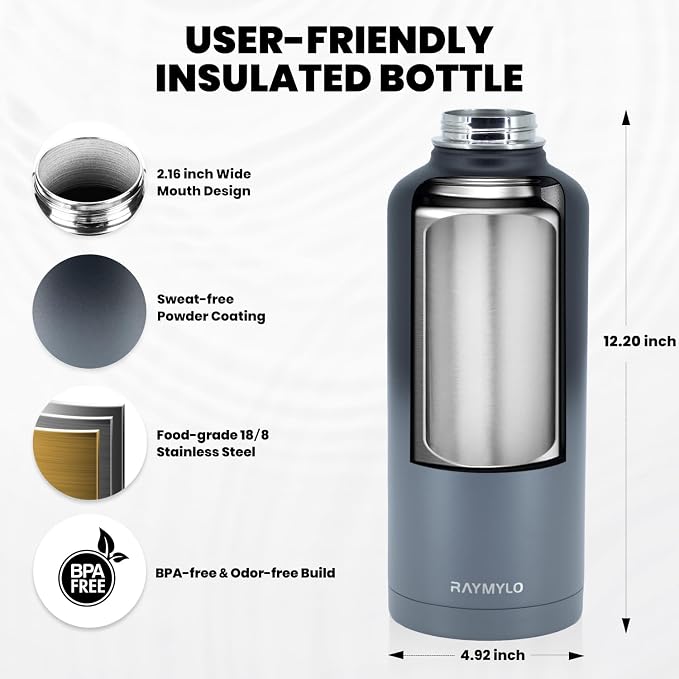 RAYMYLO Insulated Water Bottle 87 oz, Triple Wall Vacuum Stainless Steel (Cold for 48 Hrs), Leak Proof & Non-BPA, Modern Water Flask Jug with Paracord Handle & Straw Spout Lids, Dark Grey