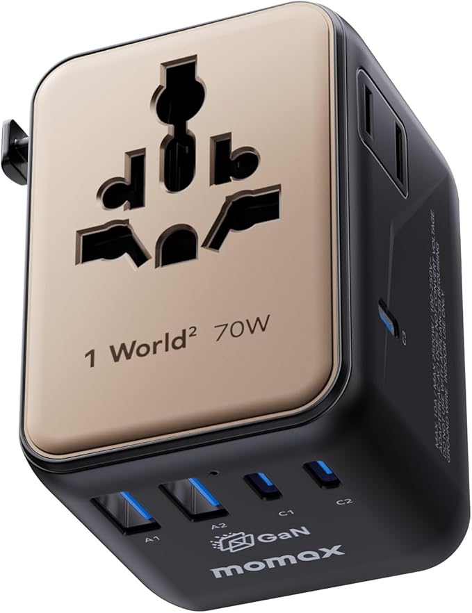 MOMAX Mini 7-in-1 Universal Travel Adapter, GaN 70W Dual AC, 3 USB-C PD & 2 USB-A QC, International Power Charger for 200+ Countries – Compact Travel Adapter for Laptop, Phone, UK/AUS/EU/JP Plug