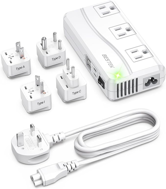 BESTEK 220V to 110V Voltage Converter, 300W Step Down Power Converter with 3 AC Outlets & 4 USB Ports(PD20W), International Travel Voltage Transformer for US Appliances, UK/EU/AU/India Plug Adapters