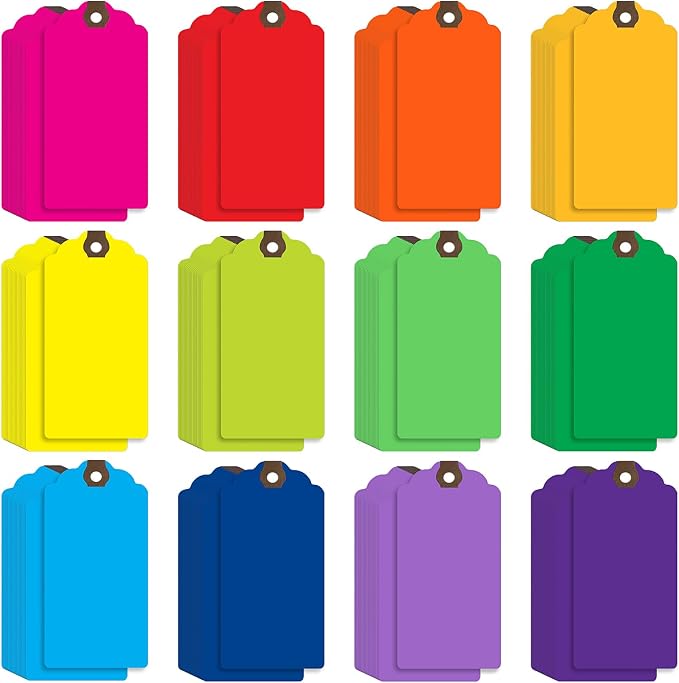 Outus 480 Pcs Manila Tags Rainbow Colors Gift Tags with String Attached Shipping Luggage Paper Tag Hanging Price Label for Christmas DIY Crafts Gift Holiday Party Favors