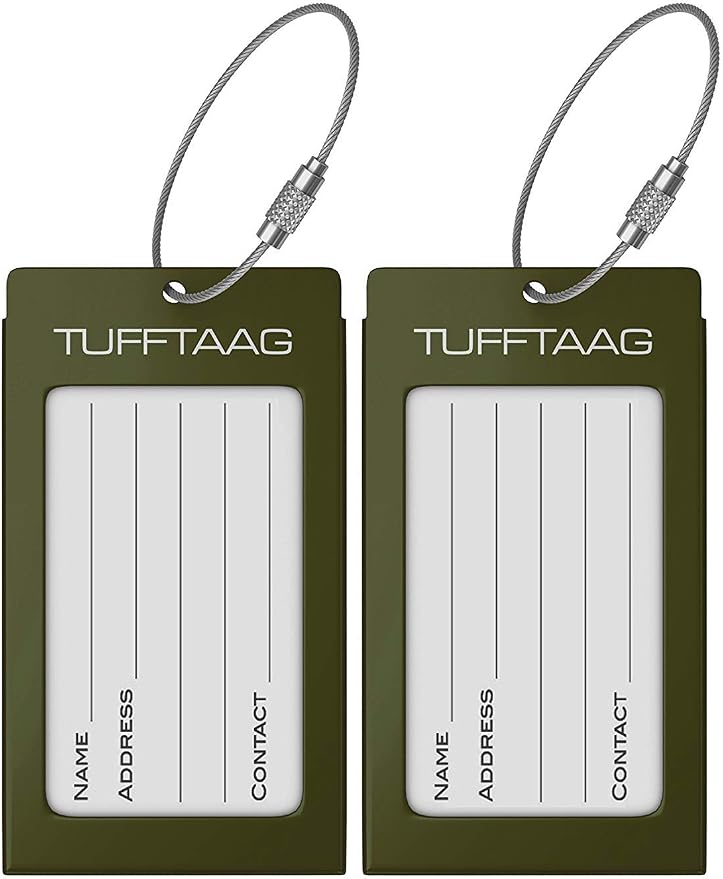 Luggage Tags Business Card Holder by TUFFTAAG - Durable Travel ID Bag Tag, Military Green, 2 Tags