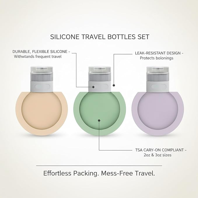 3-Pack Silicone Travel Bottles, Refillable Squeeze Containers for Toiletries, Carry-On Friendly Dispensers with Labels, Beige