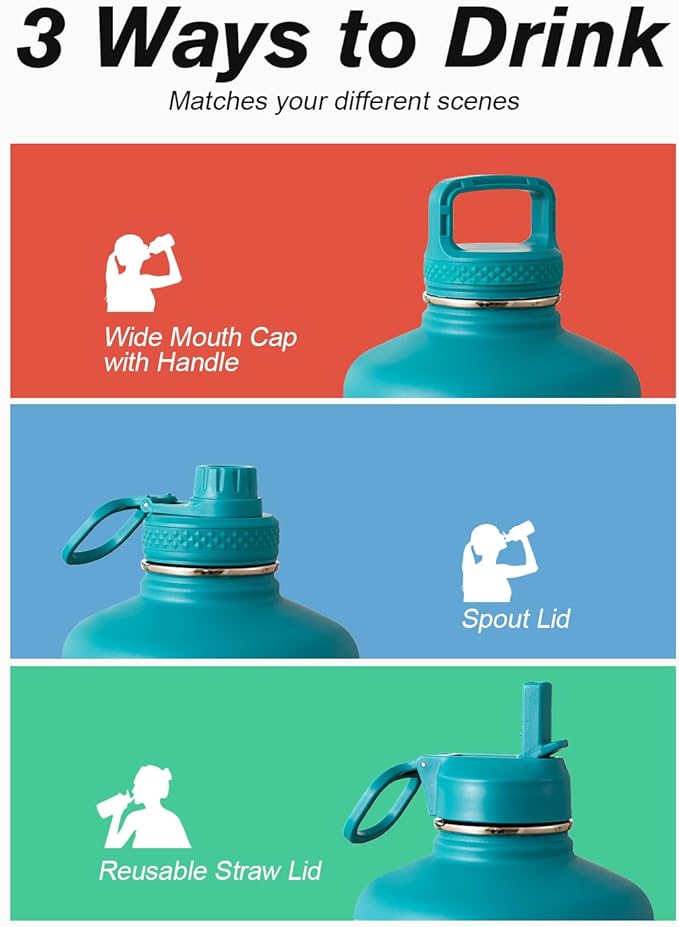 Coolflask 128 oz Gallon Water Bottle Insulated with Straw&3 Lids, Water Jug Large Stainless Steel Metal Vacuum Wide Mouth for Sports, Gym or Office, Non-BPA Keep Cold 48H Hot 24H, Indigo Blue