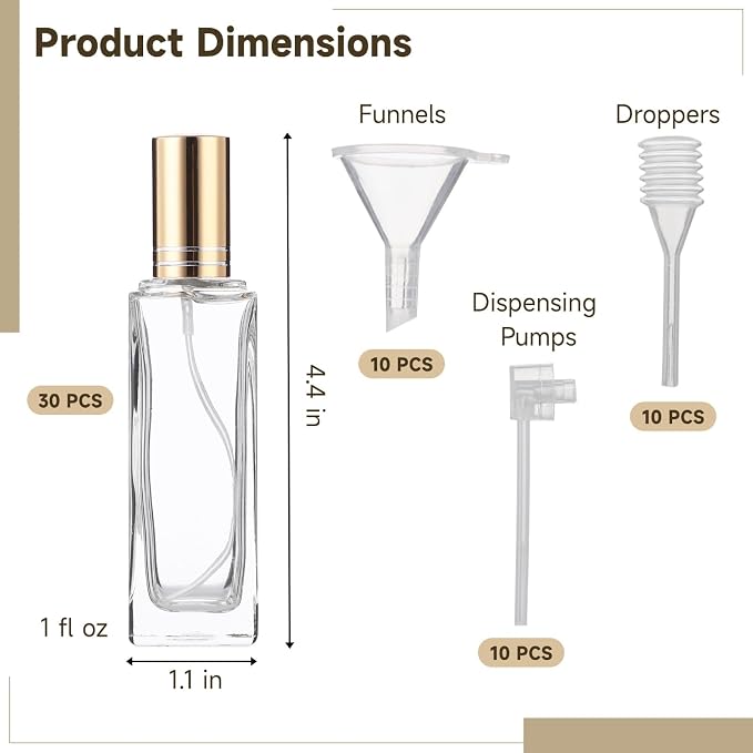 30 Pcs 30ml Perfume Bottles Bulk - Refillable Clear Thick Glass Cologne Spray Perfume Bottles for Fragrance Decanting, Compact Travel Fine Mist Atomizer Set with Funnels, Dispensers, Spring Droppers