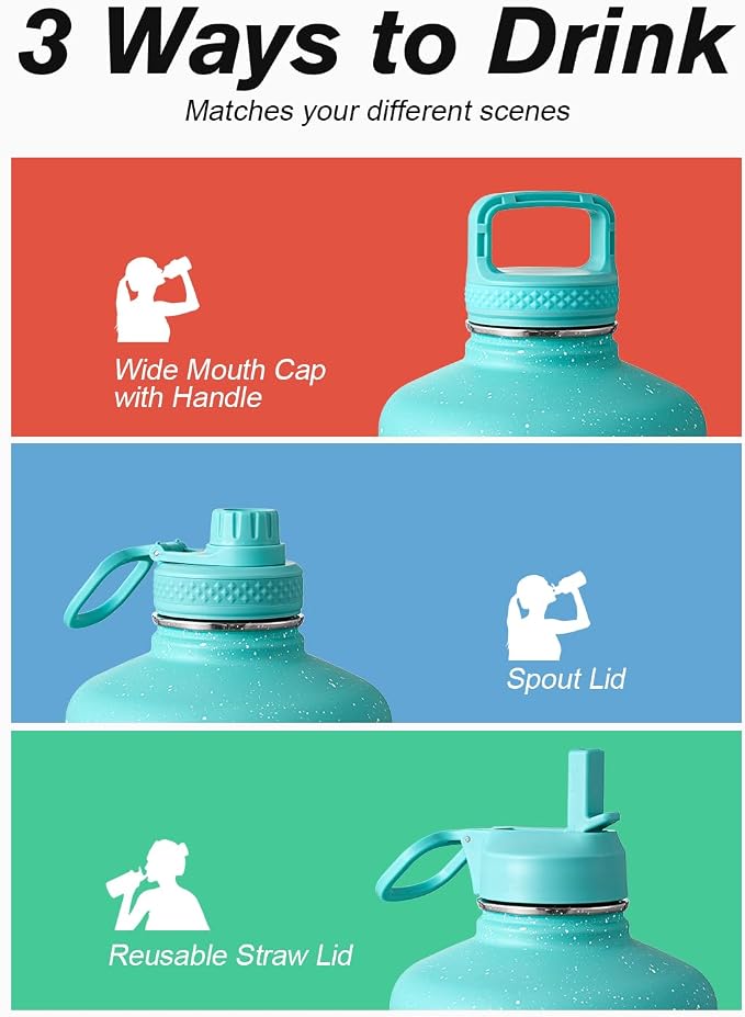 Coolflask 128 oz Gallon Water Bottle Insulated with Straw&3 Lids, Water Jug Large Stainless Steel Metal Vacuum Wide Mouth for Sports, Gym or Office, Non-BPA Keep Cold 48H Hot 24H, Glacier Blue