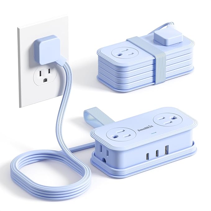 Travel Power Strip, SMALLRT 2 Pcs Extension Cord with Multiple Outlets, 3.3FT Wrapped Extension Flat Plug Power Strip with 4 AC Outlets for Travel, Hotel, Cruise Approved, No Surge Protection, Blue