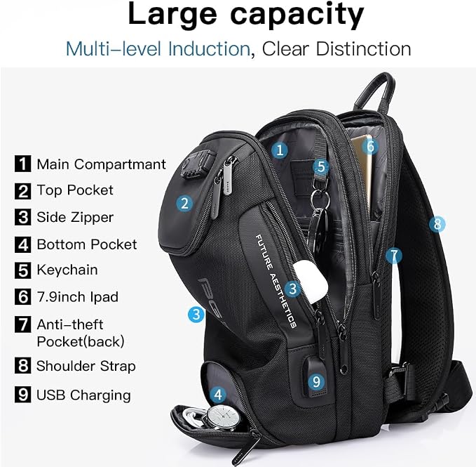 BANGE Anti theft Sling Backpack with Lock, Men's Sling Bag for Men, Shoulder Crossbody Backpack with USB Charging Port for Men and Women