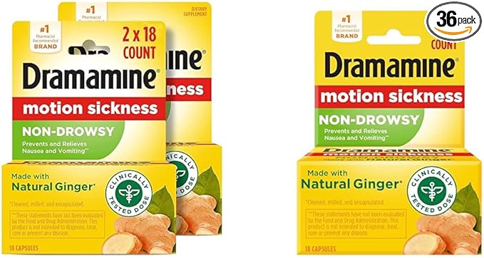 Dramamine Motion Sickness Relief Non-Drowsy Ginger Capsules, 18 Count, 2 Pack and 18 Count