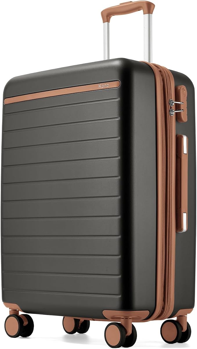 Kono 24 Inch Check In Suitcase Expandable Luggage, Business Travel Suitcase for 5-7 Days, Durable ABS+PC Hardshell with Side Handles & Kick Plates, Double Spinner Silent Wheels, Grey/Brown