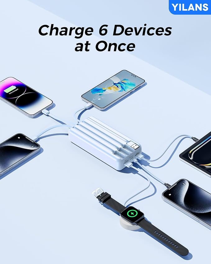 Portable Charger,50000mAh Power Bank Built-in Cable, 22.5W PD USB C In & Out Fast Charging, External Battery Pack with 6 Output & 2 Input, Travel Phone Charger for iPhone 17/16/15/14/13/12(Azure)