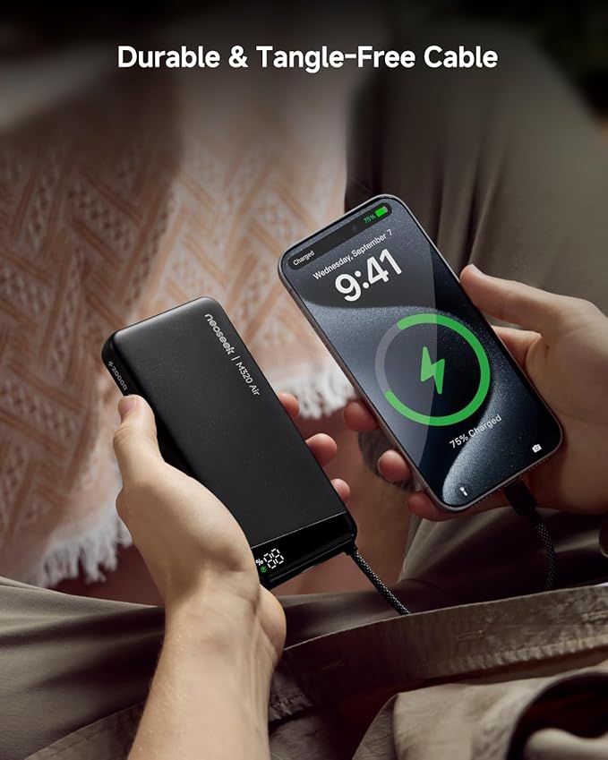 Ultra-Thin 20,000mAh Power Bank, 45W Max Fast Charging Battery Pack, Built-in USB-C Cable for iPhone 17/16 Series, Galaxy, MacBook, and More