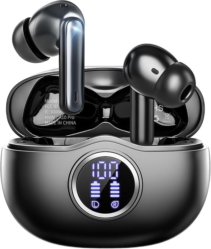 HiFi Stereo Wireless Earbuds, Bluetooth 5.3 with LED Display 50H Playback ENC Noise Canceling IPX7 Waterproof Earphones for Gym/Running/Work
