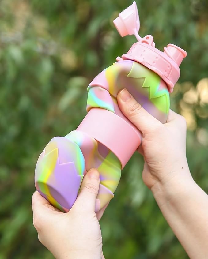Collapsible Silicone Water Bottle || 600 ML Folding Water Bottle With Straw And Hook || Portable Water Bottle For Hiking, Camping, Sports, Road Trips, Outdoor (Pack Of 1) (Eggshell Shape)