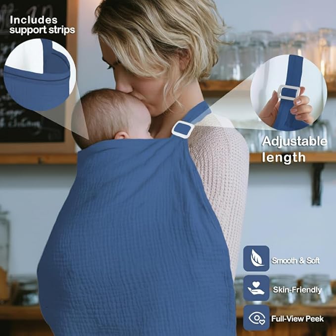 Muslin Nursing Covers for Breastfeeding, Arch Neckline Breast Feeding Covers for Women, Moms Privacy Breathable Summer Nursing Apron, Enlarged XL Size Soft Feeding Cover (Misty Blue)