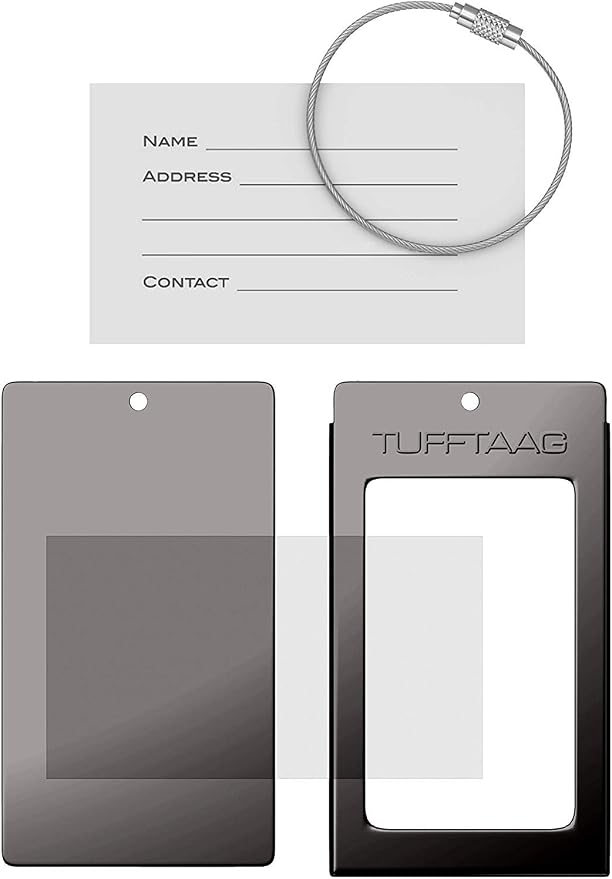 Luggage Tags Business Card Holder by TUFFTAAG - Durable Travel ID Bag Tag, Gunmetal Steel, 2 Tags